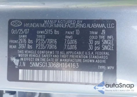 2008 Hyundai Santa Fe Gls from USA, damaged, VIN 5NMSG13D68H164163